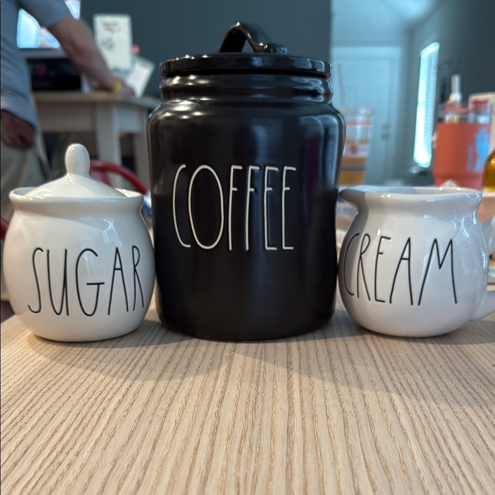 Rae Dunn Black Coffee Canister with White Sugar and Cream Jars